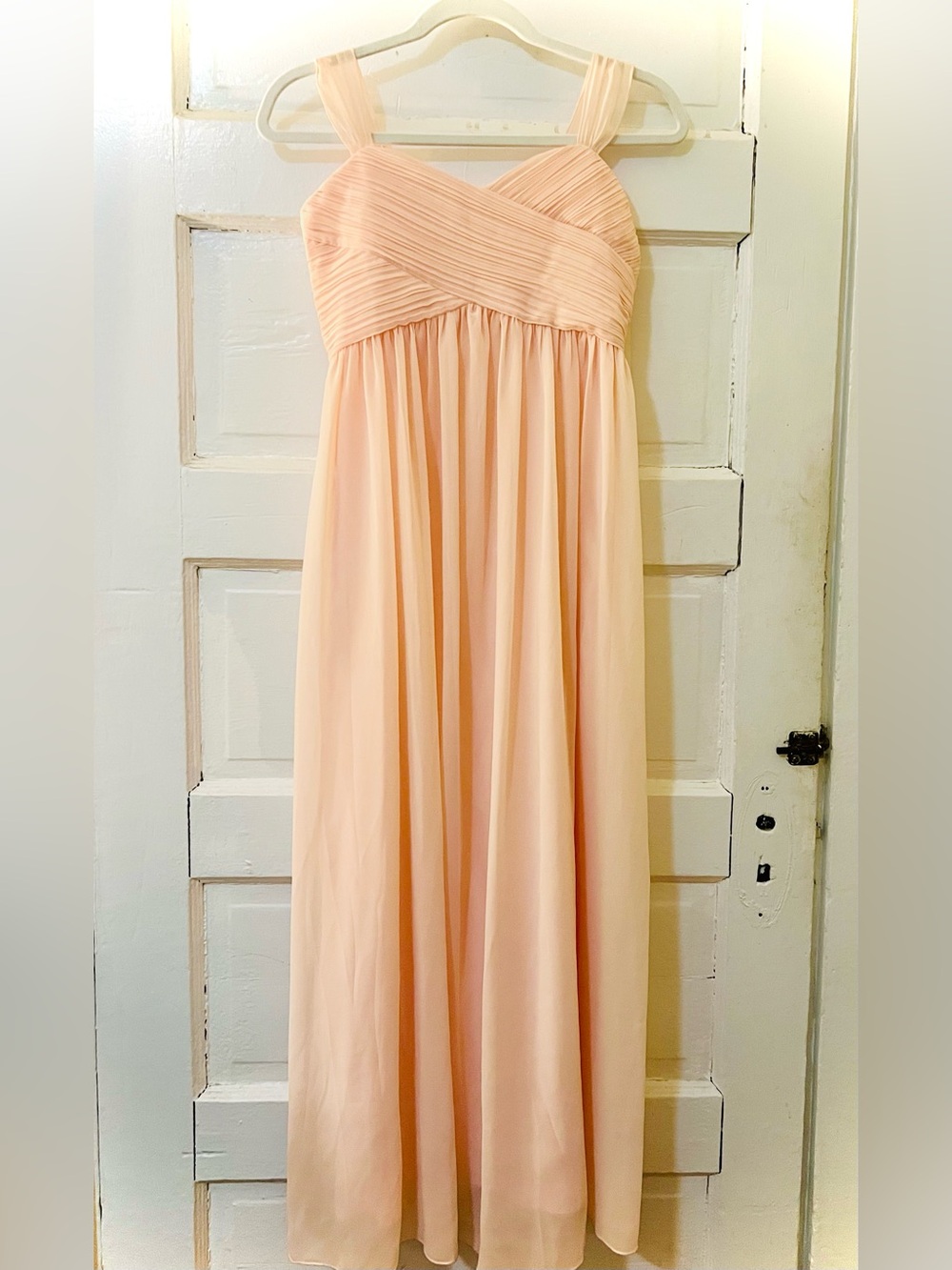 Pink Ruched Chiffon Maxi Formal Gown with Empire Waist, Satin lining & Straps